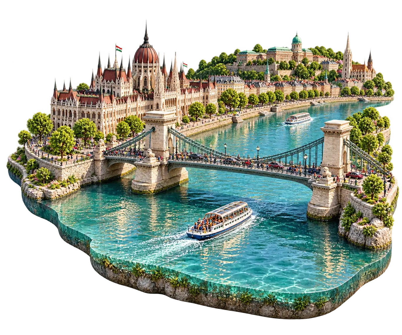 Miniature model of Budapest with a sightseeing boat on the Danube