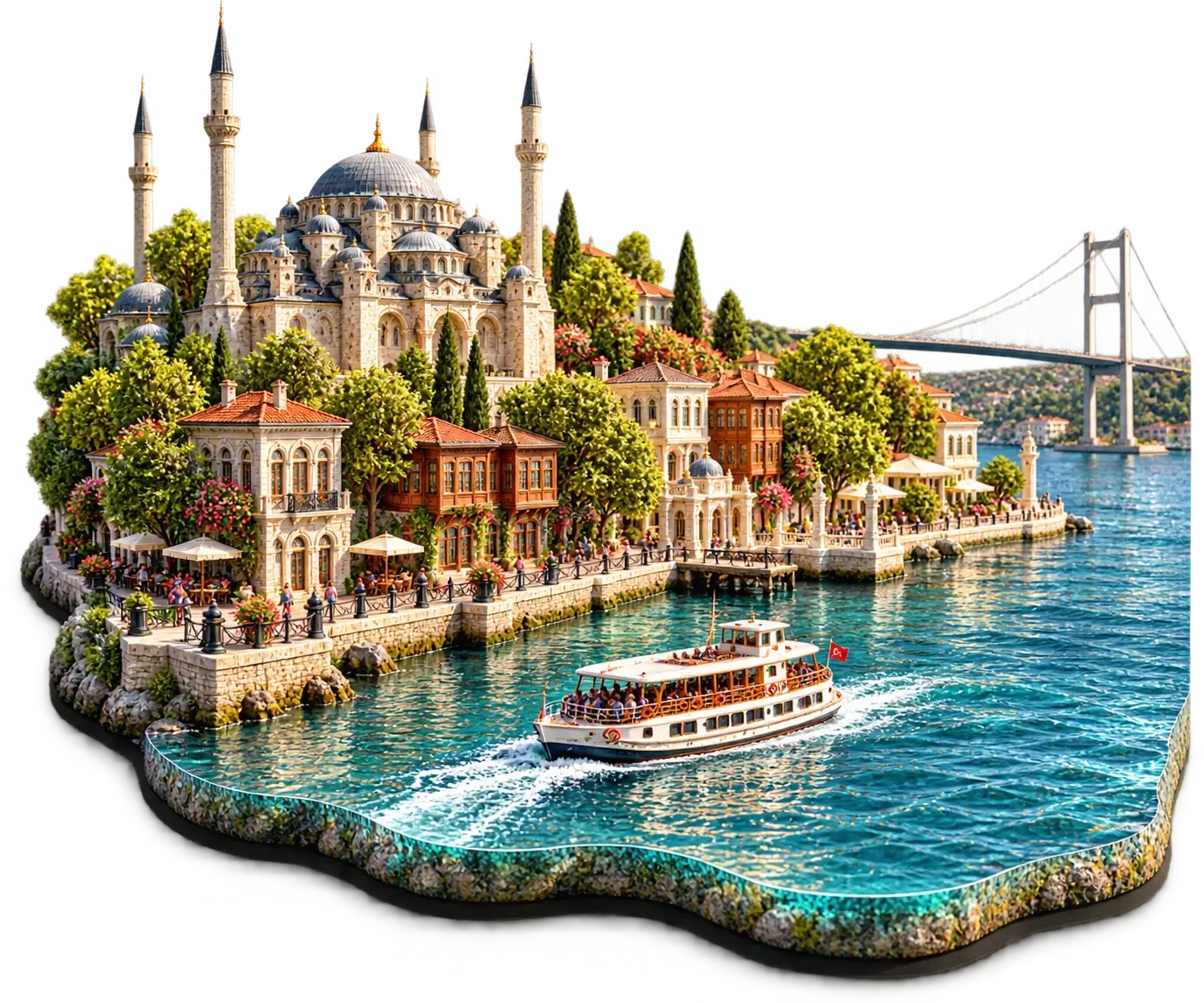 Miniature model of Istanbul with a sightseeing boat on the Bosphorus