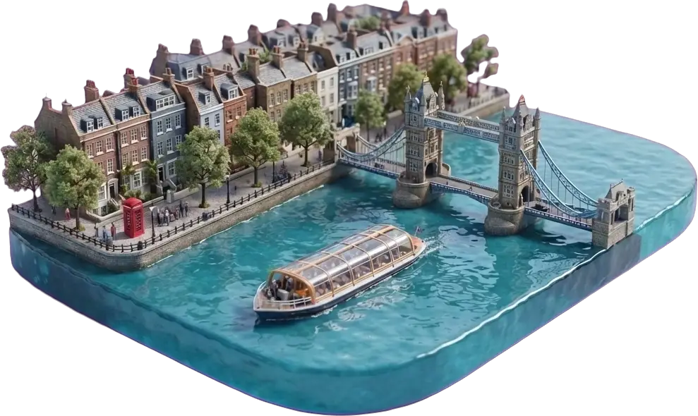 Miniature model of London with a sightseeing boat on the Thames