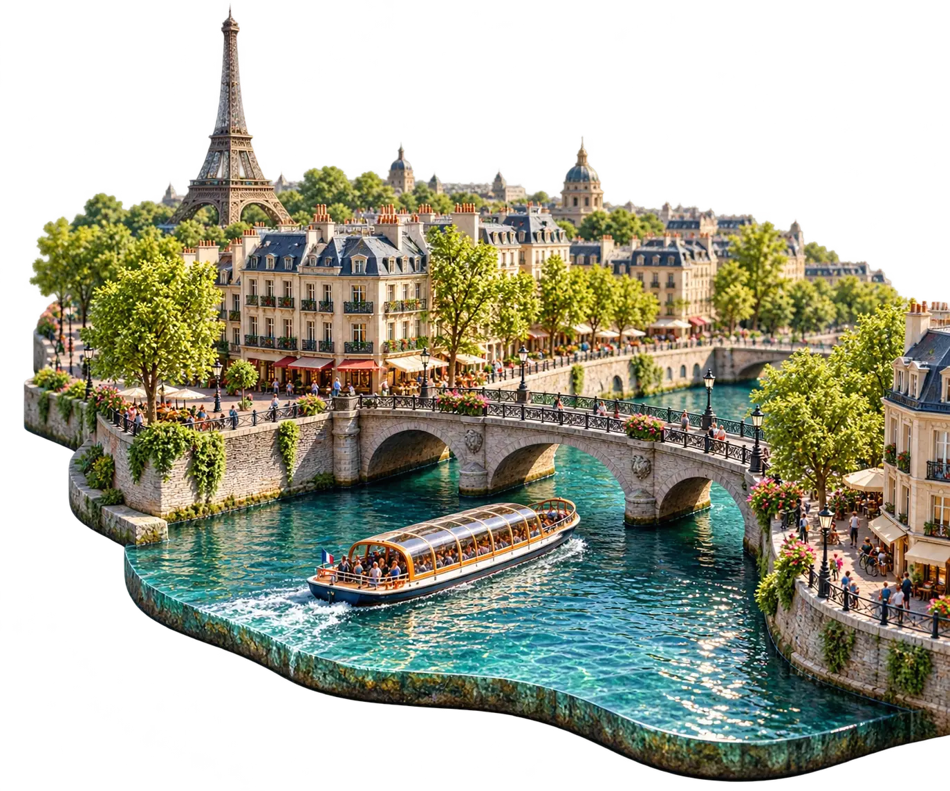 Miniature model of Paris with a sightseeing boat on the Seine