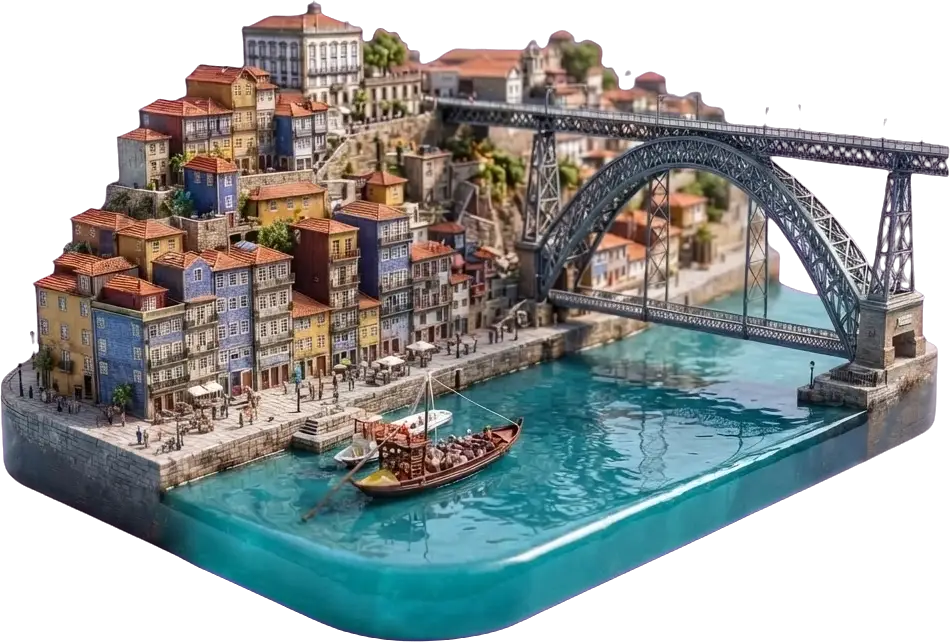 Miniature model of Porto with a sightseeing boat on the Douro