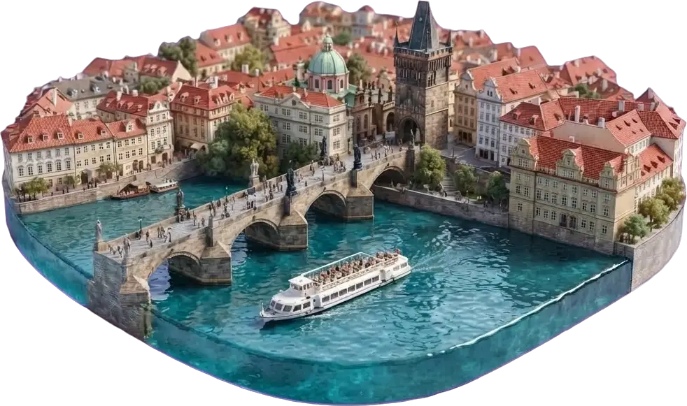 Miniature model of Prague with a sightseeing boat on the Vltava