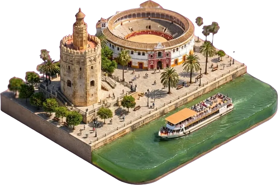 Miniature model of Seville with a sightseeing boat on the Guadalquivir