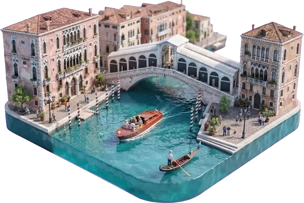 Miniature model of Venice with a sightseeing boat on the Grand Canal and the lagoon